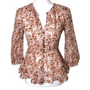 Moulinette Soeurs Silk Blend Floral Red Pink Blouse Women 4 Small Cottage Fairy